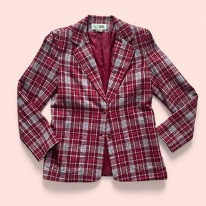80s Vintage Red Plaid Wool Blend Blazer